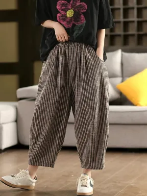 Women Summer Vintage Stripe 100%Linen Harem Pants