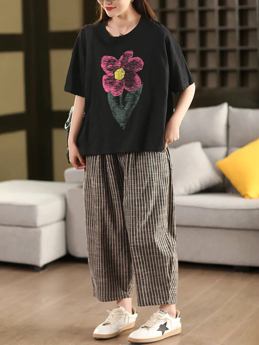 Women Summer Vintage Stripe 100%Linen Harem Pants