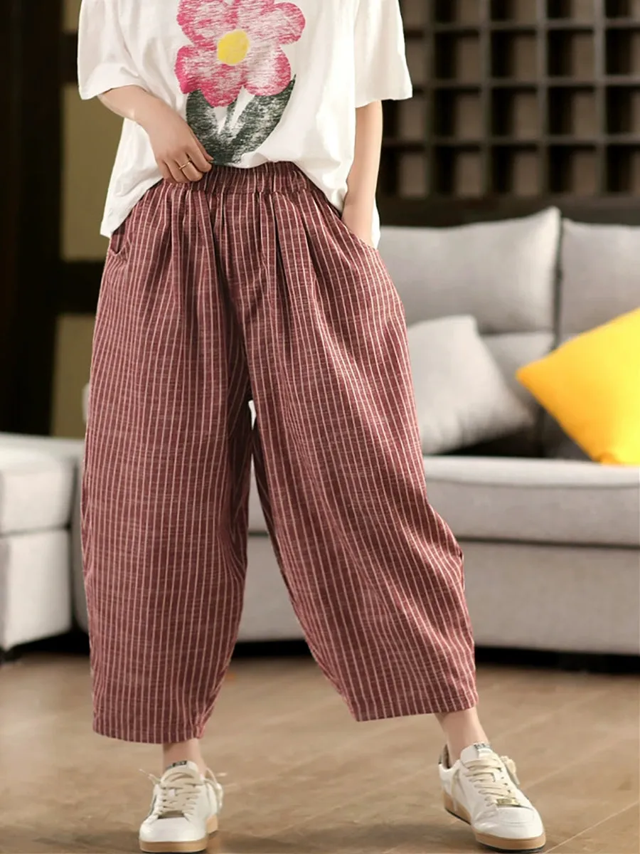 Women Summer Vintage Stripe 100%Linen Harem Pants