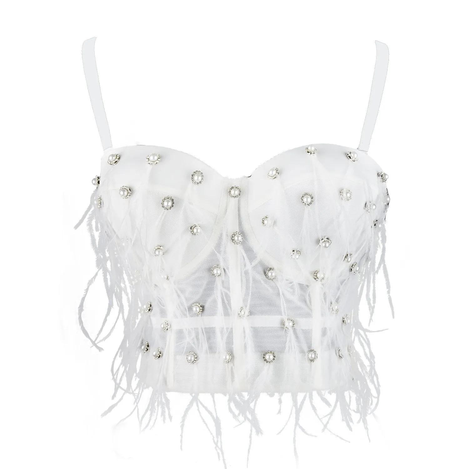 Women's Feather Tassel Rhinestone Bead Mesh Bustier Crop Top Sexy Corset Top Bralet White