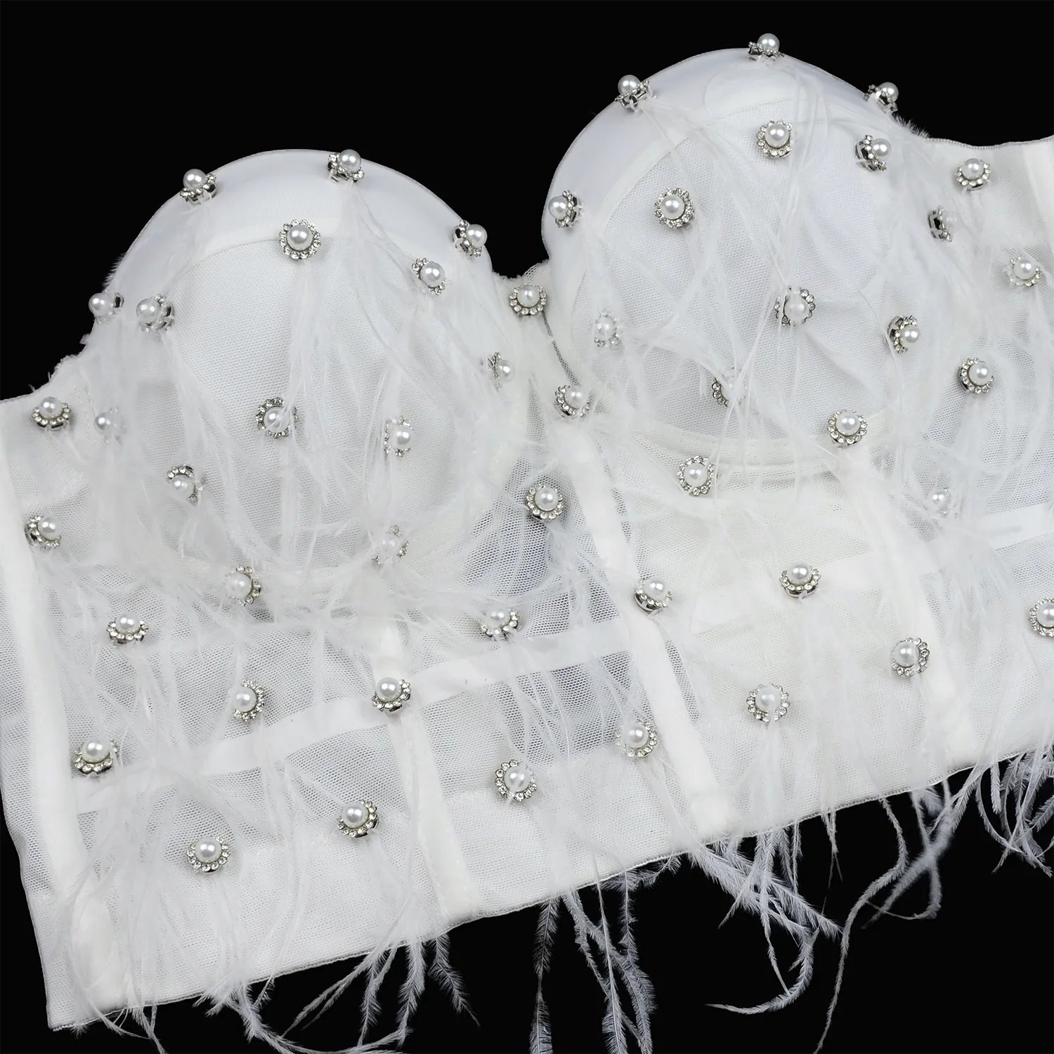 Women's Feather Tassel Rhinestone Bead Mesh Bustier Crop Top Sexy Corset Top Bralet White