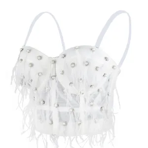 Women's Feather Tassel Rhinestone Bead Mesh Bustier Crop Top Sexy Corset Top Bralet White