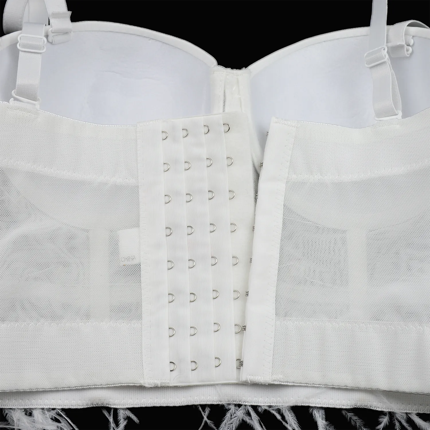 Women's Feather Tassel Rhinestone Bead Mesh Bustier Crop Top Sexy Corset Top Bralet White
