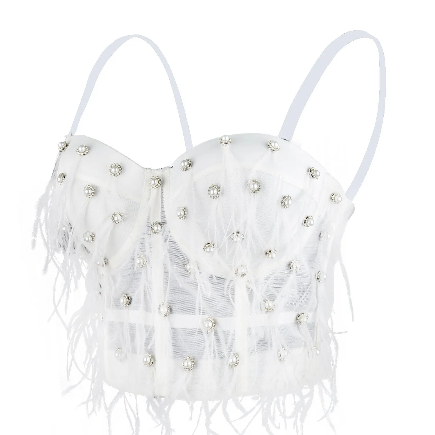 Women's Feather Tassel Rhinestone Bead Mesh Bustier Crop Top Sexy Corset Top Bralet White