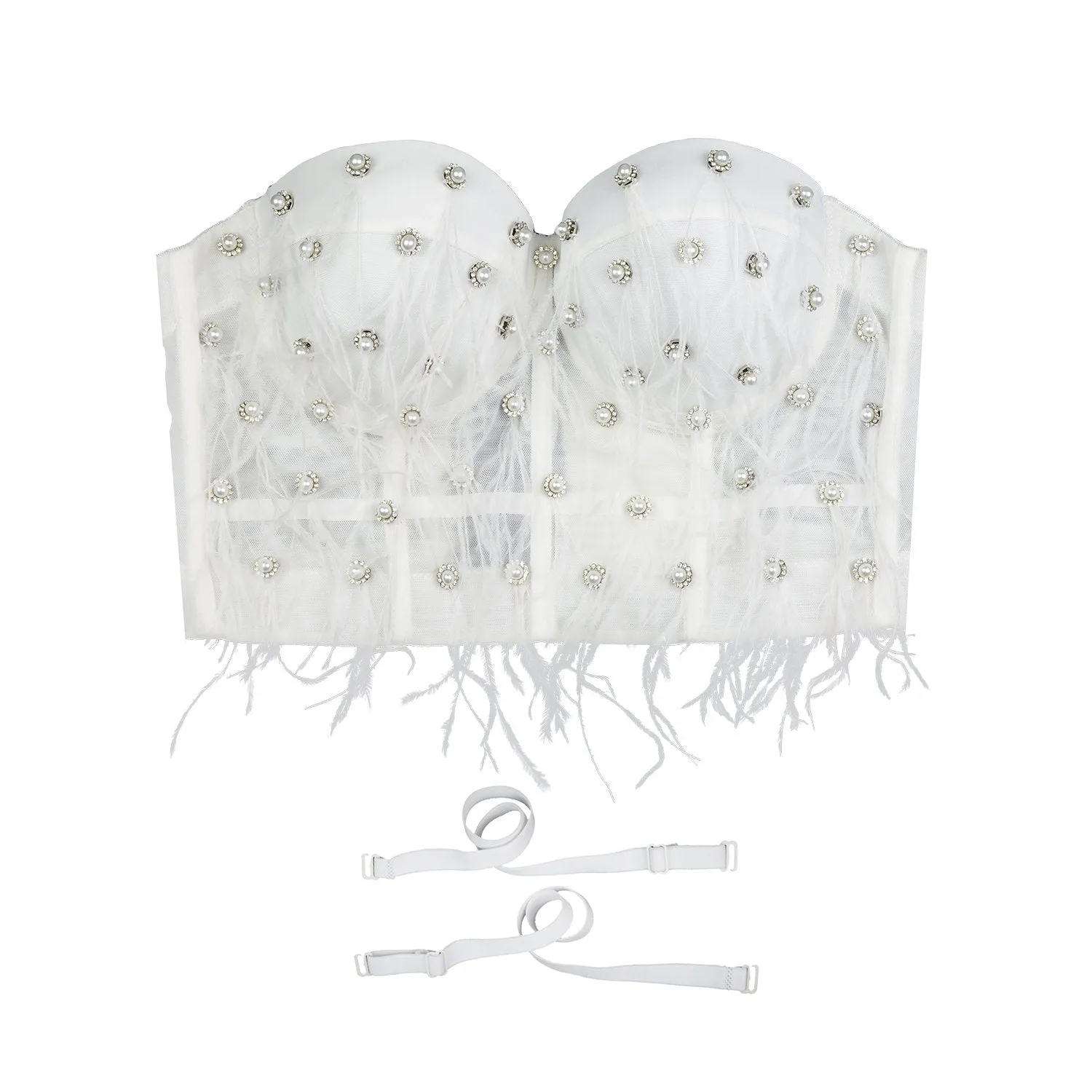 Women's Feather Tassel Rhinestone Bead Mesh Bustier Crop Top Sexy Corset Top Bralet White