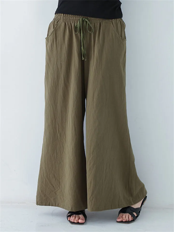 Women's Spring Summer Plain Cotton Linen Straight-Leg Pants