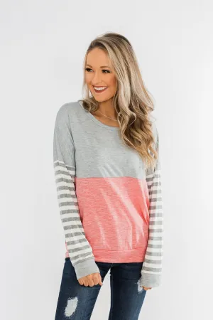 Your Hand In Mine Color Block Top- Grey & Pink