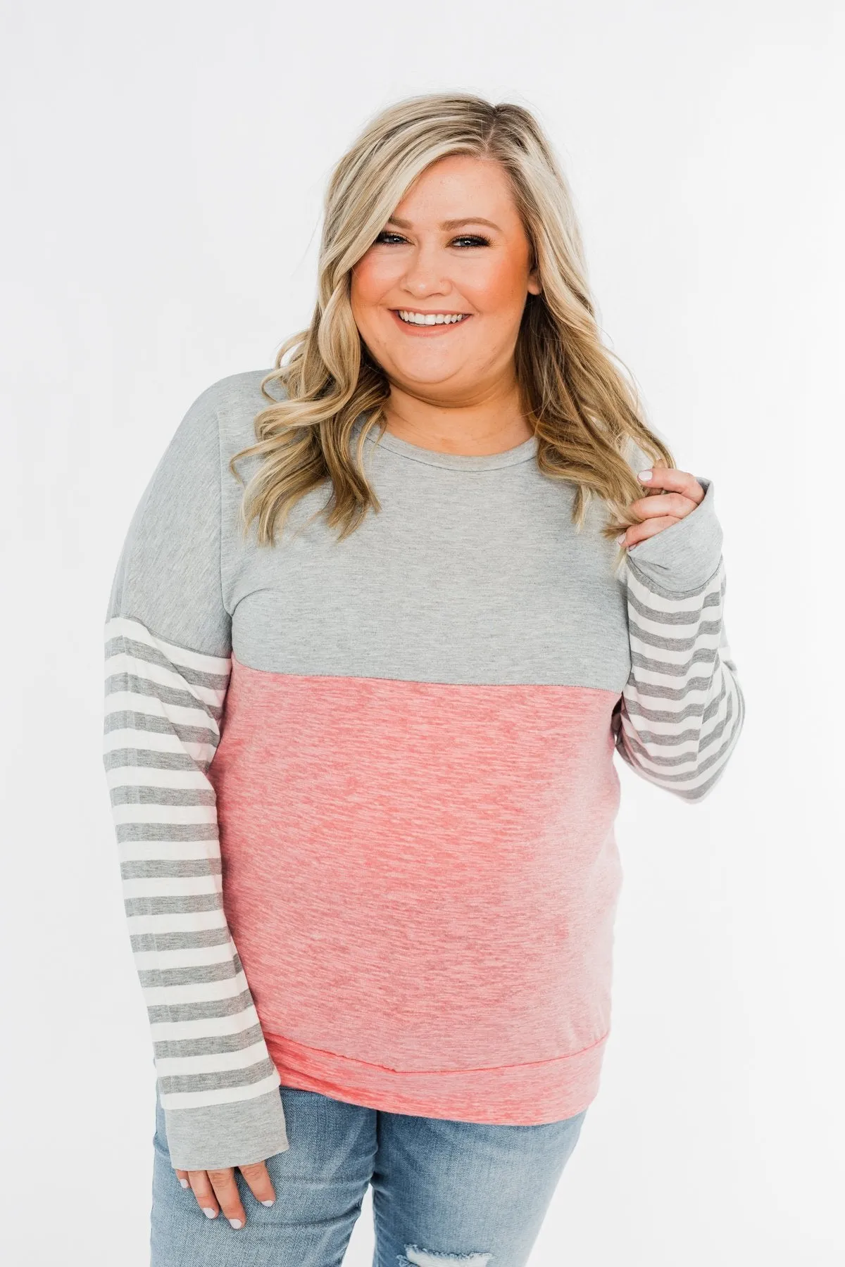 Your Hand In Mine Color Block Top- Grey & Pink